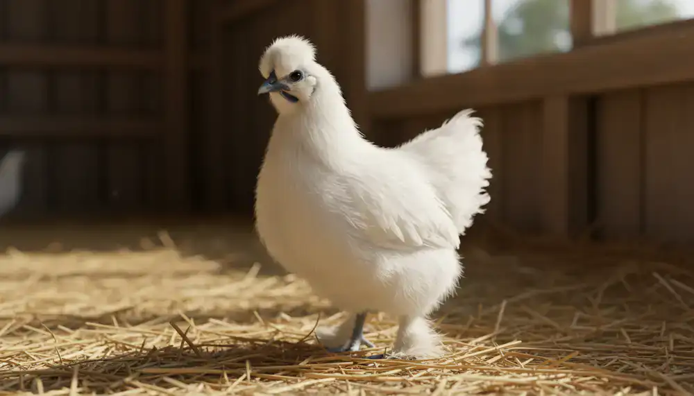 White Silkie Bantam chicken standing on straw