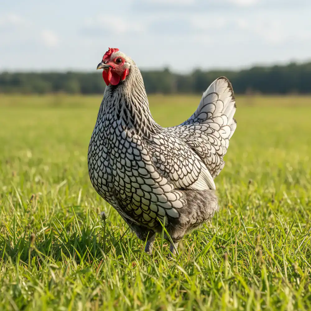 Silver laced Wyandotte chicken in a grassy field