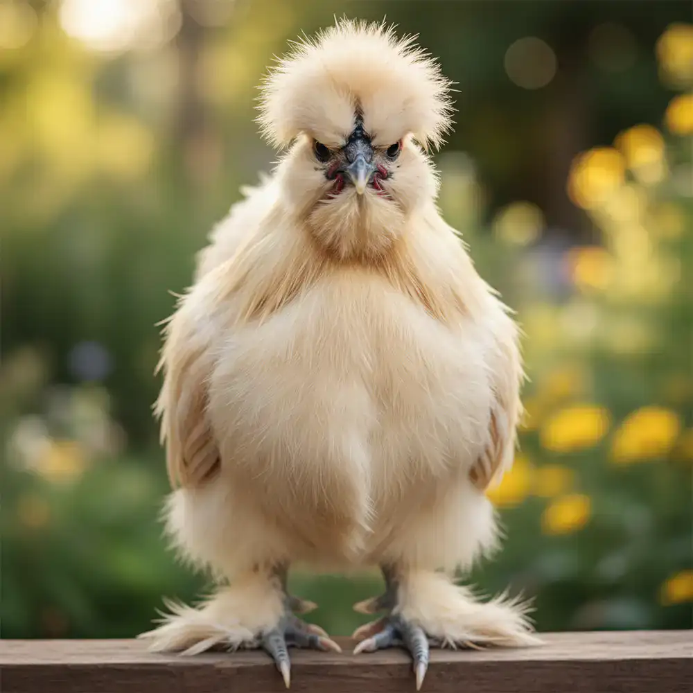 Close-up of a well-groomed decorative chicken breed