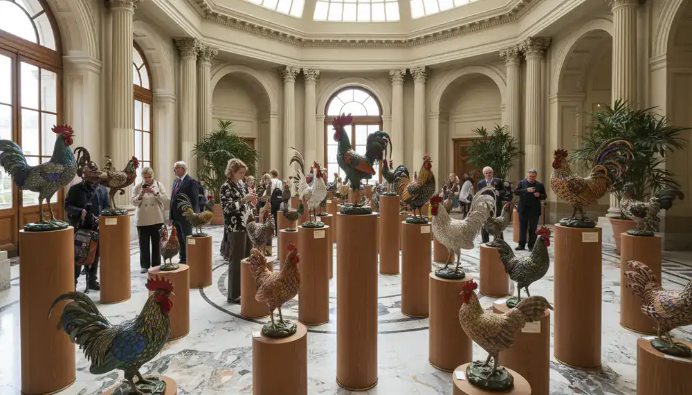 Main exhibition hall displaying decorative chickens