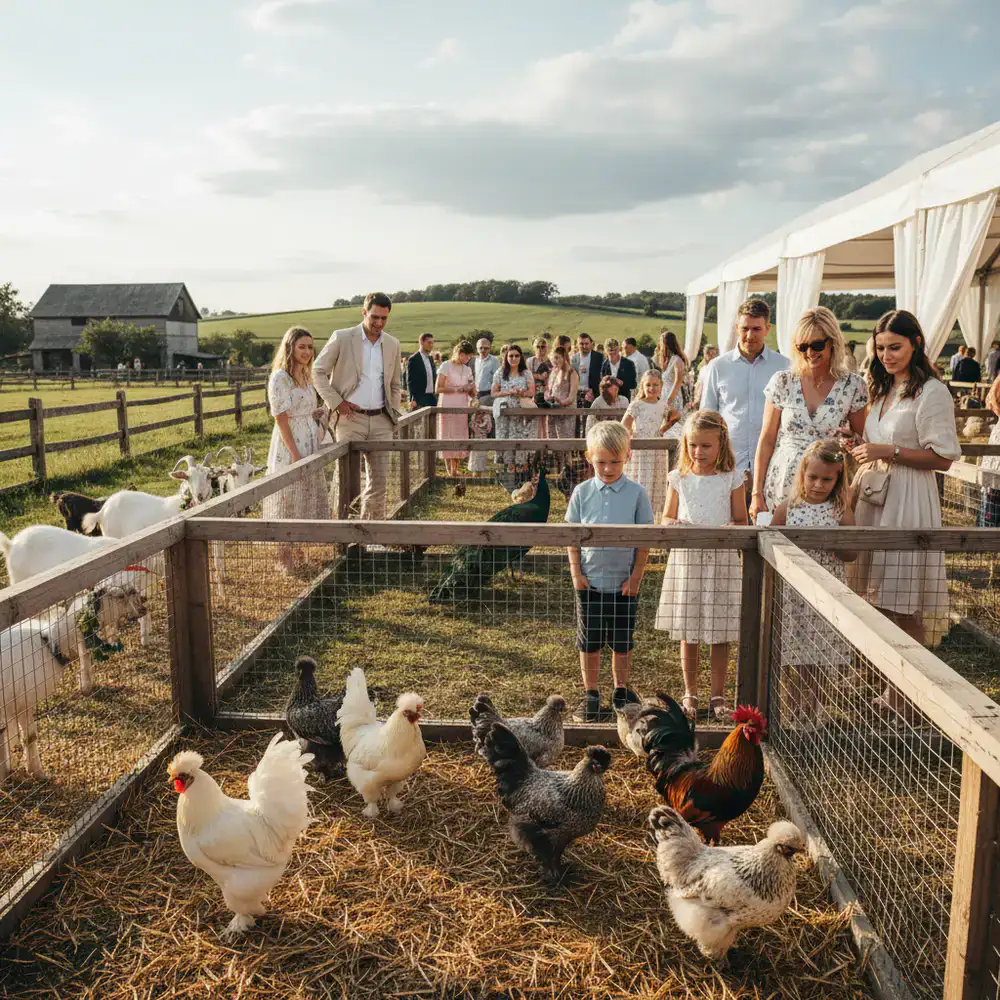 Visitors viewing decorative breeds at the farm event