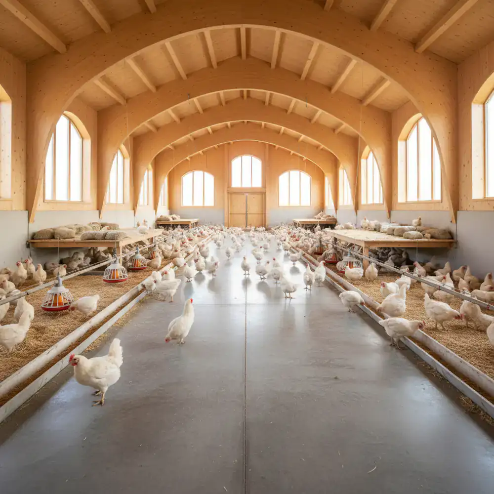 Clean, spacious poultry housing with natural lighting