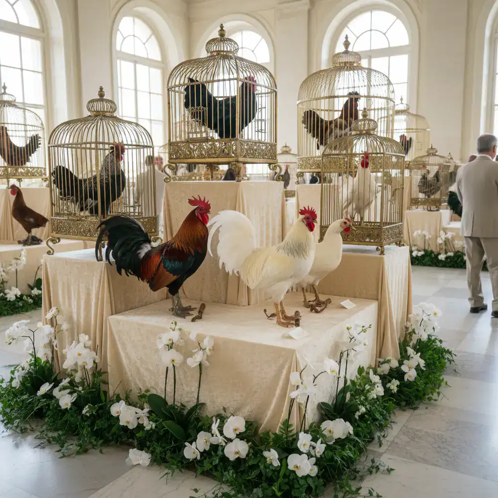 Elegant presentation of decorative poultry in an exhibition hall