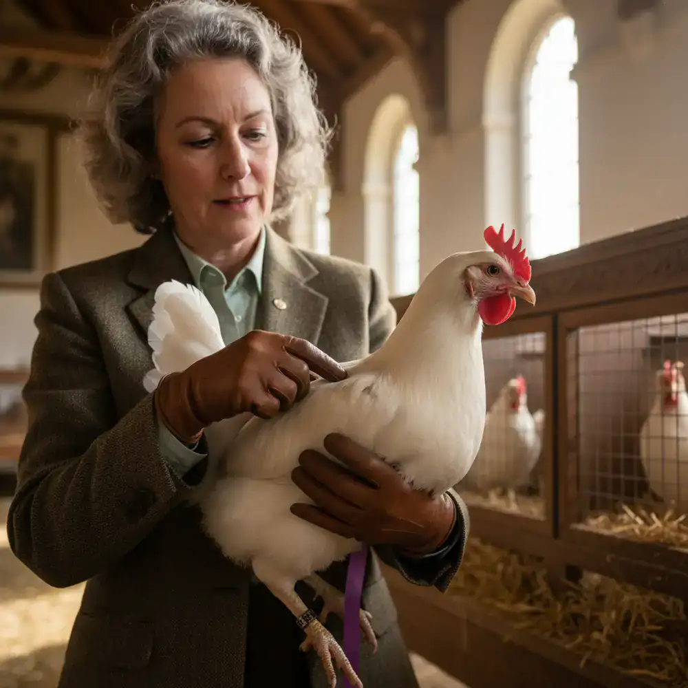 Poultry expert inspecting a prize-winning chicken
