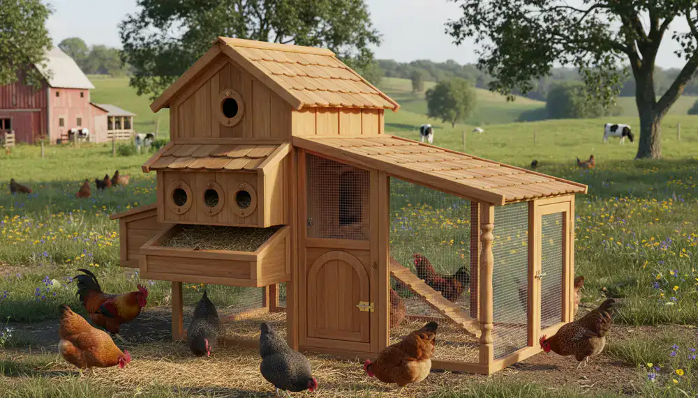 Detailed hand-crafted wooden poultry coop in a farm setting