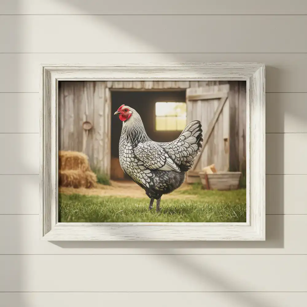 Framed decorative farm art featuring a rare chicken breed