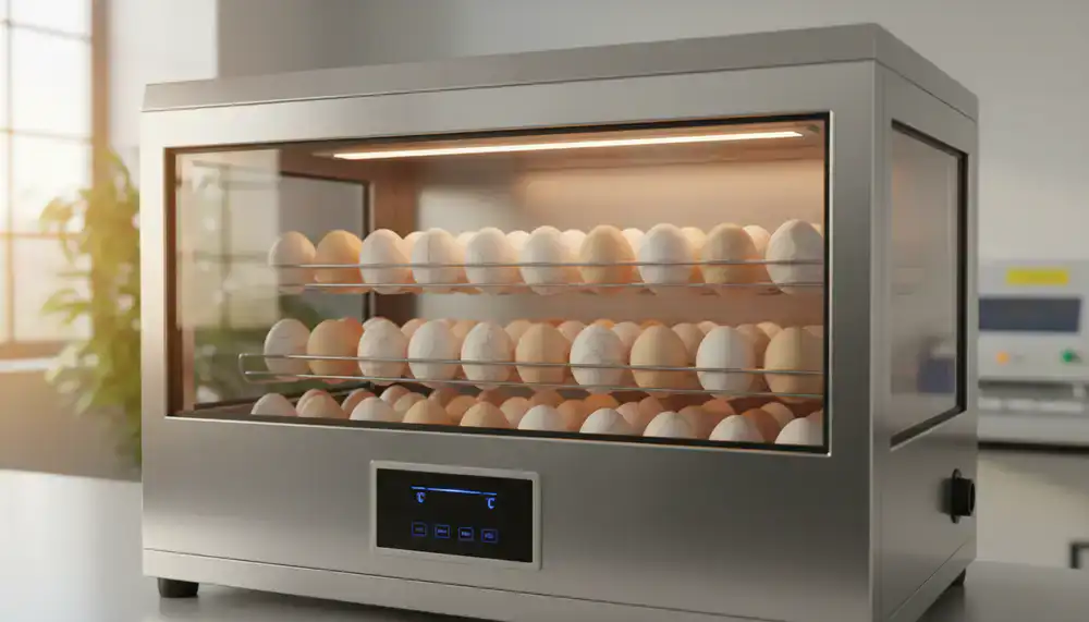 Professional poultry incubator with fresh eggs inside